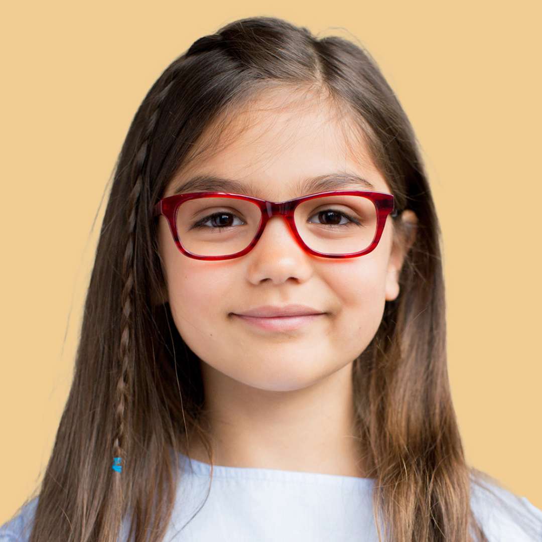 Girl wearing Small (45-15-125) / Red Crystal rectangle glasses