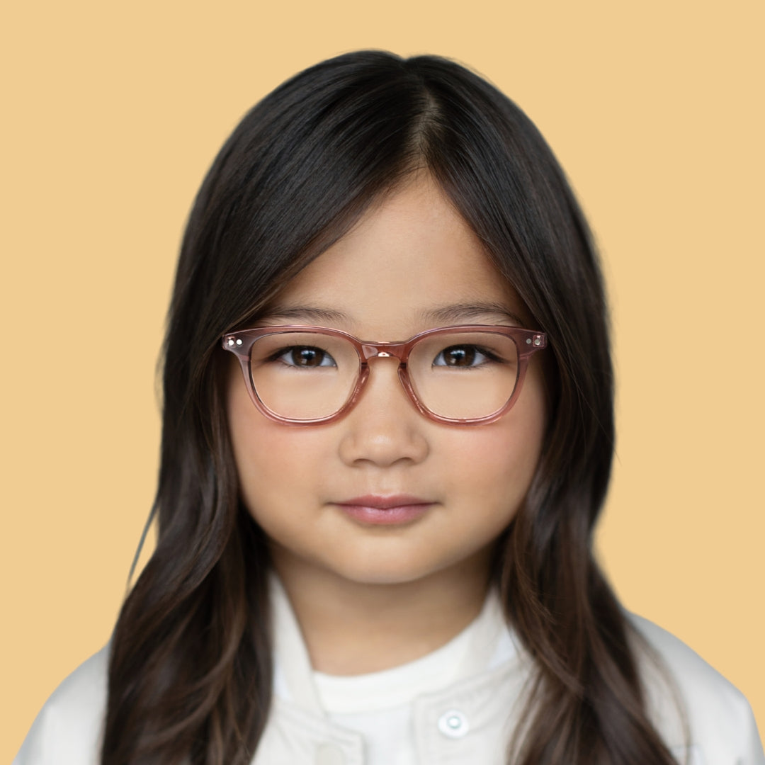 Girl wearing X-Small (41-16-122) / Rose Gold Crystal square glasses 