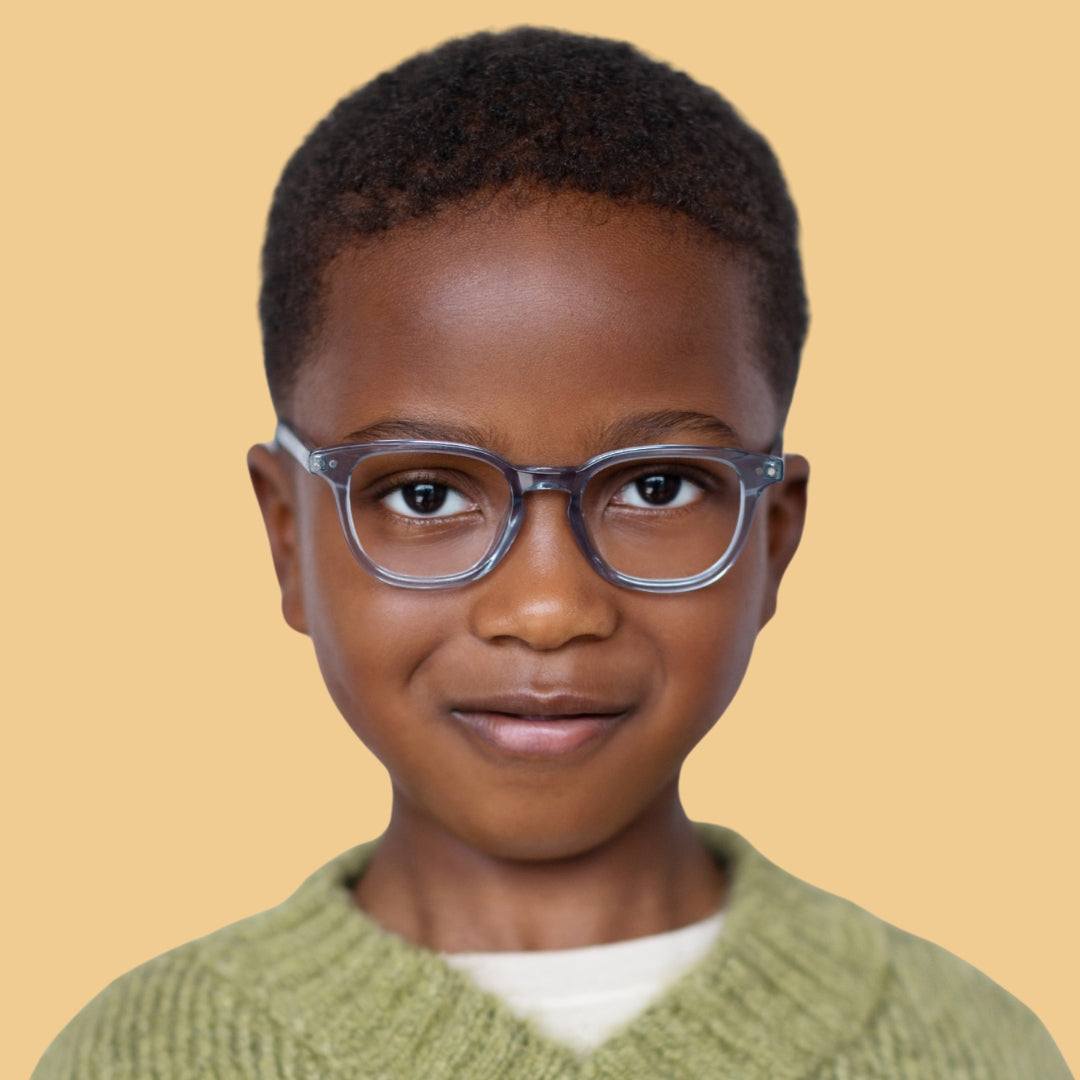 Boy wearing X-Small (41-16-122) / Glacier Crystal square glasses 