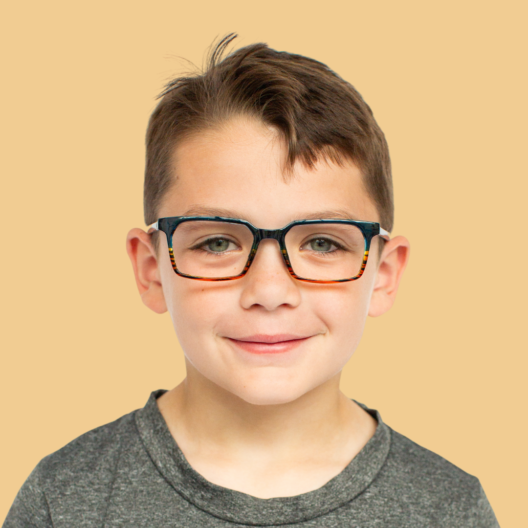 Boy wearing Small (45-15-130) / Blue Tiger rectangle glasses 