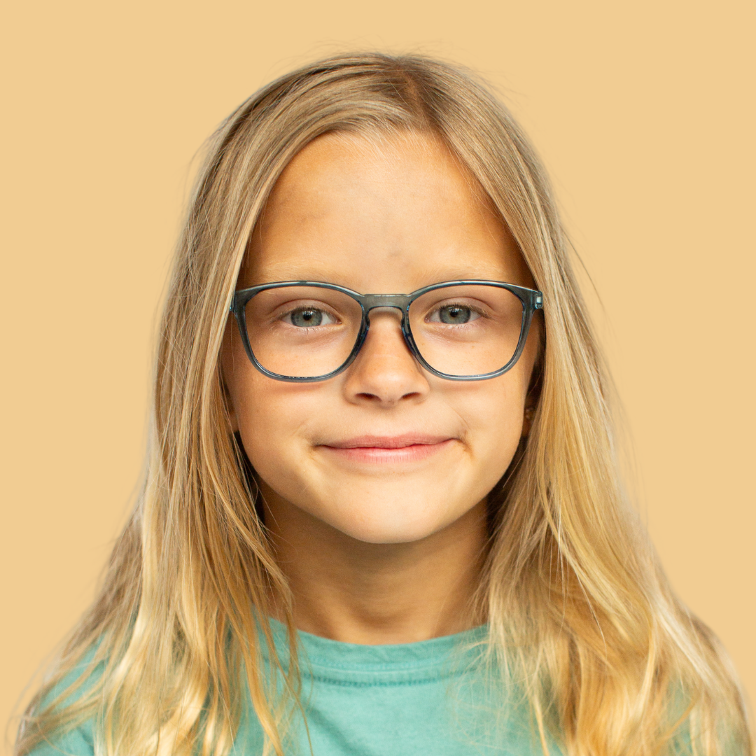 Girl wearing Medium (46-16-130) / Blue Crush round glasses 