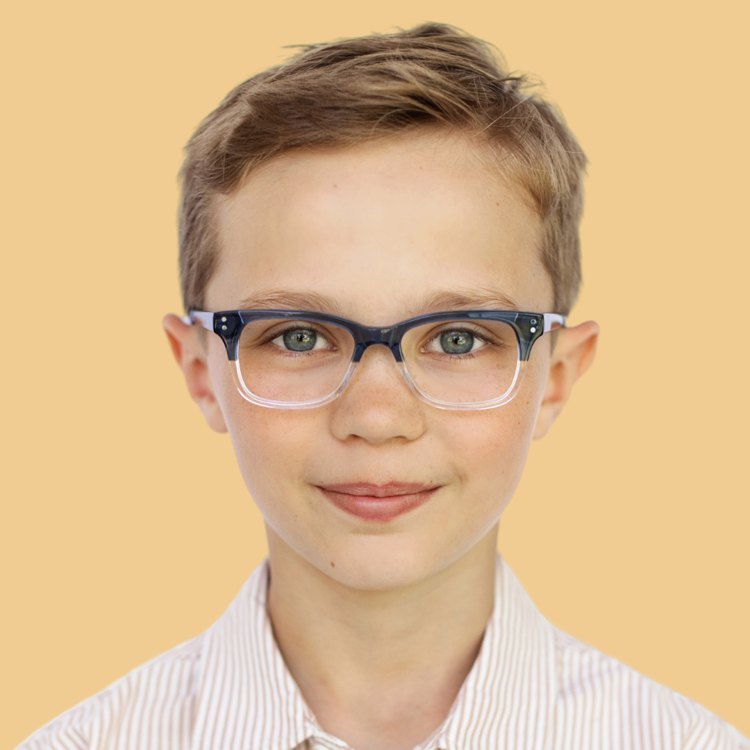 Boy wearing Small (44-15-125) / Sapphire Fade rectangle glasses 