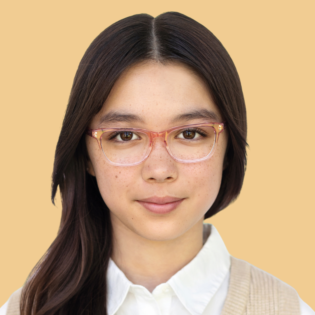 Girl wearing Small (45-16-125) / Pink Fade rectangle glasses 