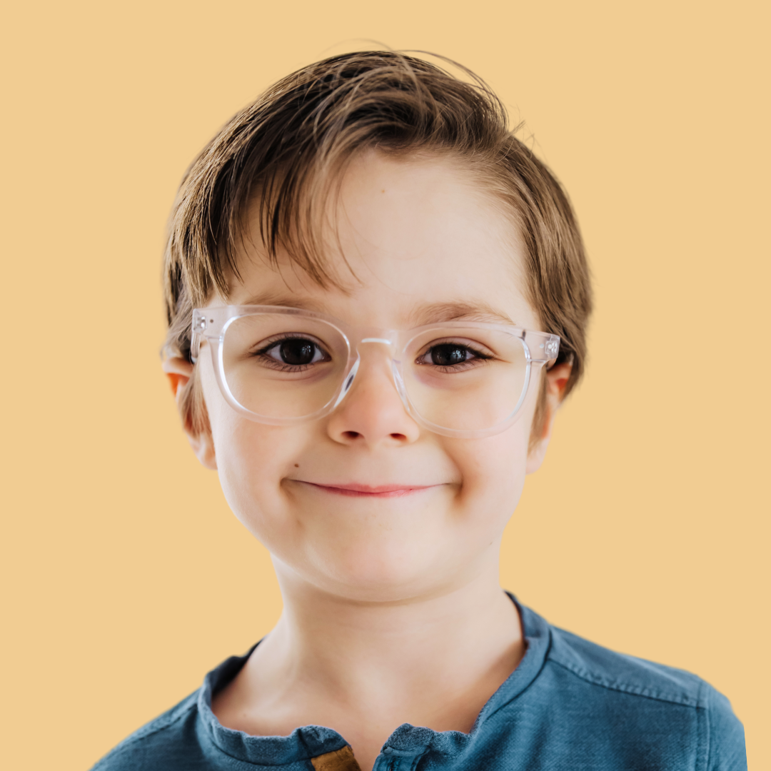 Boy wearing X-Small (41-16-122) / Clear square glasses 