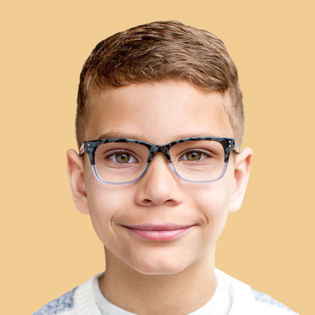 Boy wearing Medium (47-15-130) / Sky Blue Tortoise square glasses 