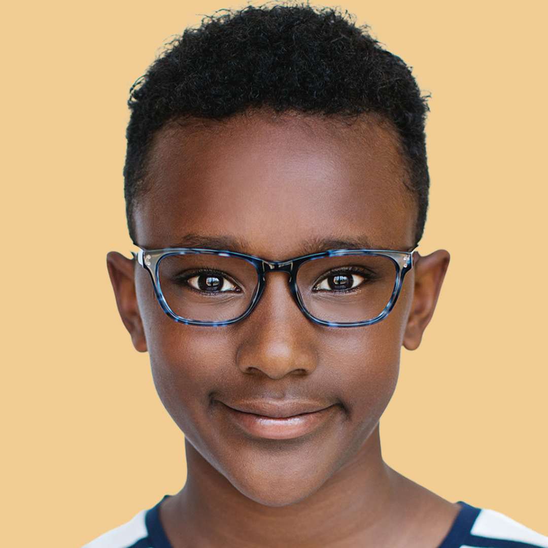 Boy wearing Medium (48-16-130) / Blue Slate rectangle glasses 