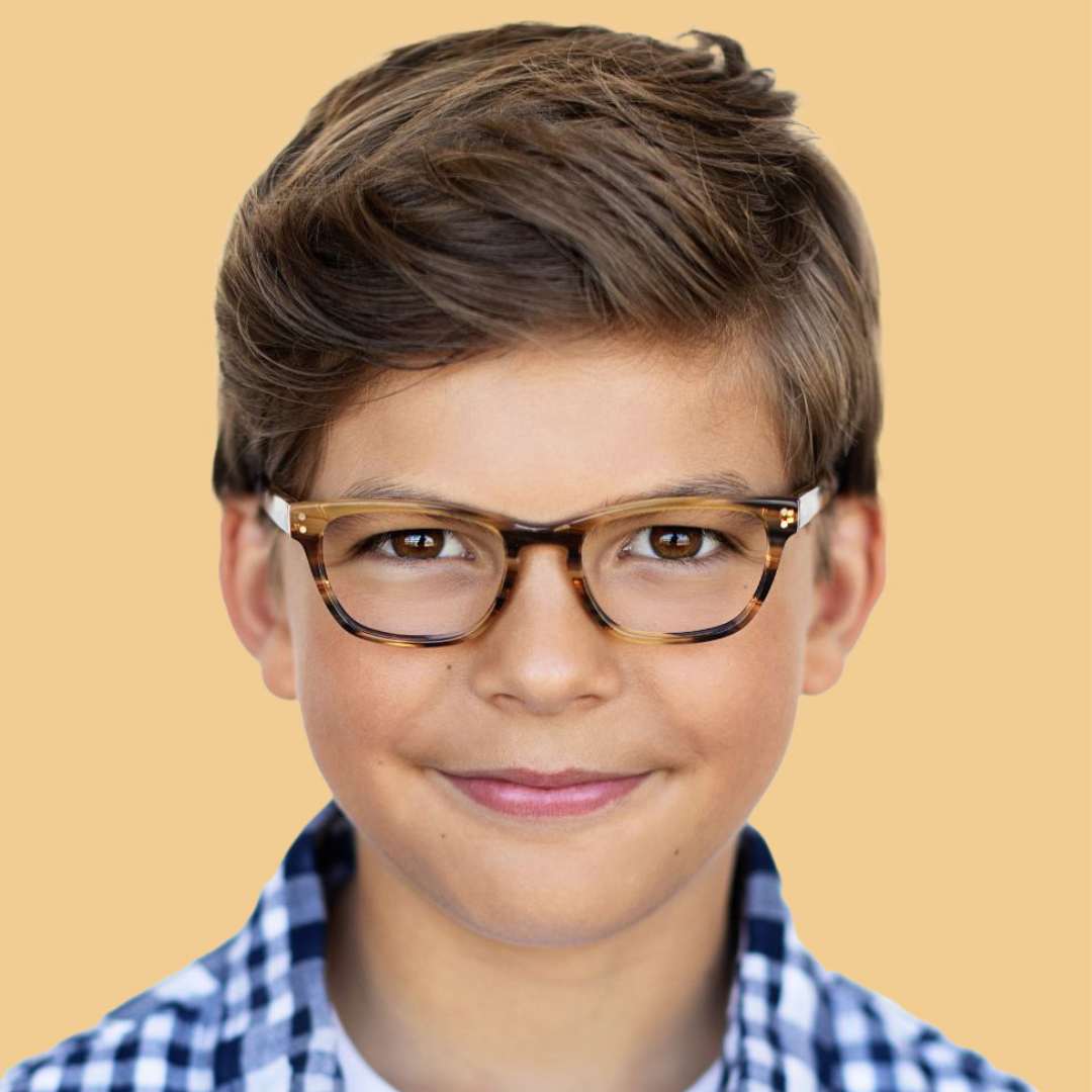 Boy wearing Small (45-16-125) / Striped Hickory rectangle glasses 