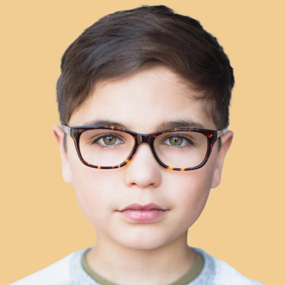 Boy wearing Medium (48-15-130) / Chestnut Tortoise rectangle glasses 