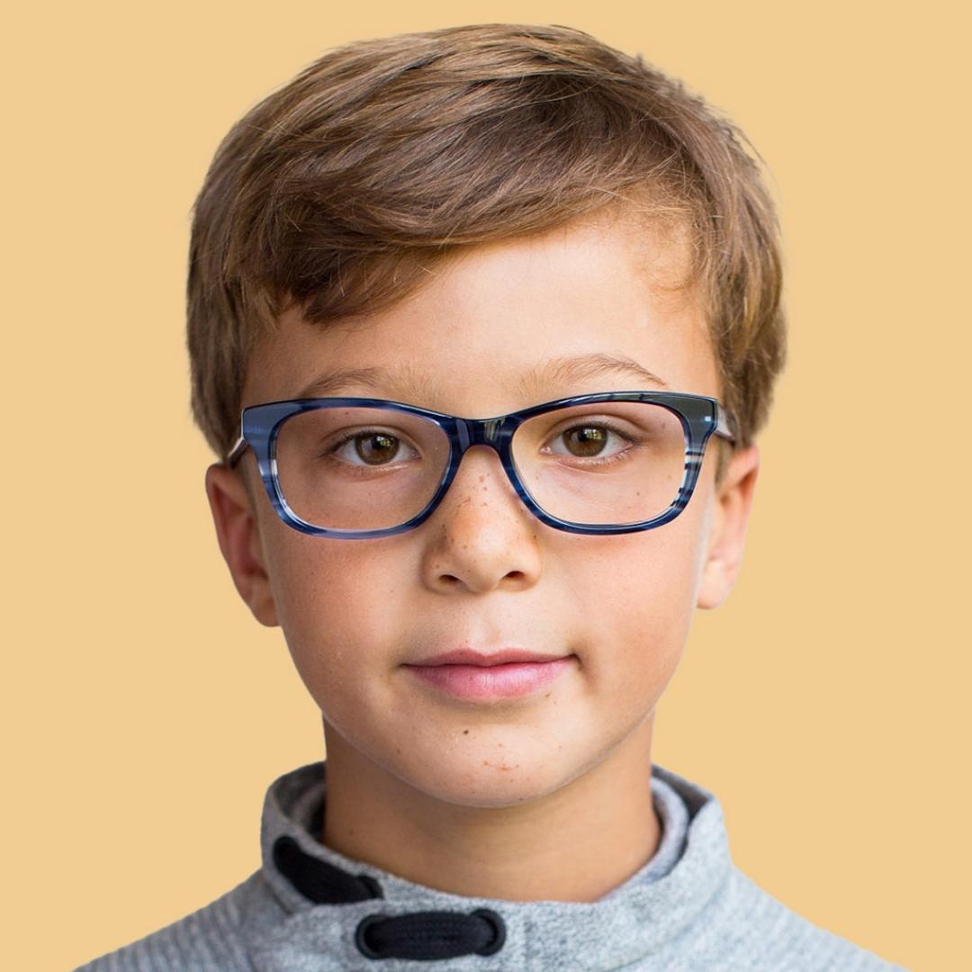 Boy wearing Small (45-15-125) / Striped Pacific rectangle glasses 