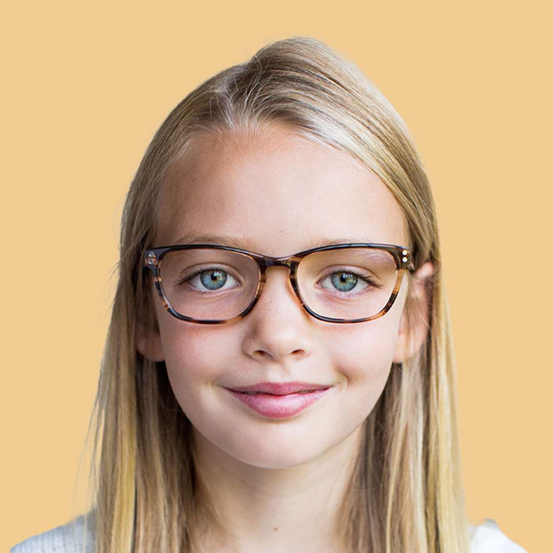 Girl wearing Medium (48-16-130) / Striped Hickory cat eye glasses 