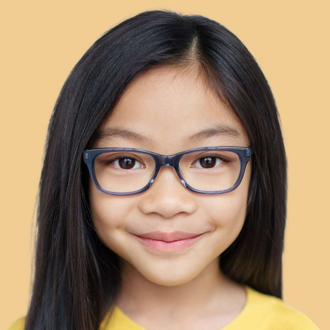 Girl wearing Small (45-15-125) / Indigo Crystal rectangle glasses 