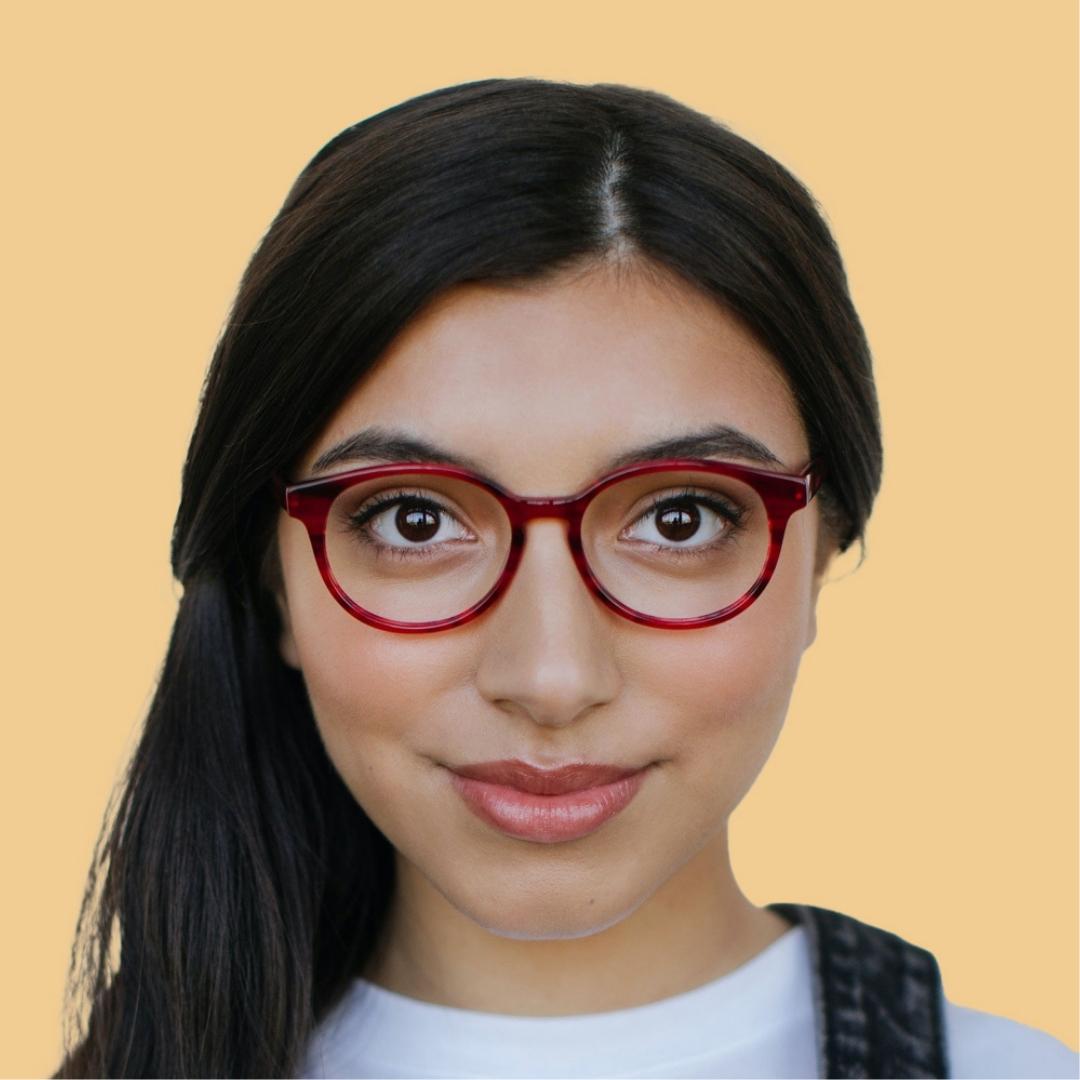 Girl wearing Large (49-16-140) / Red Crystal round glasses 