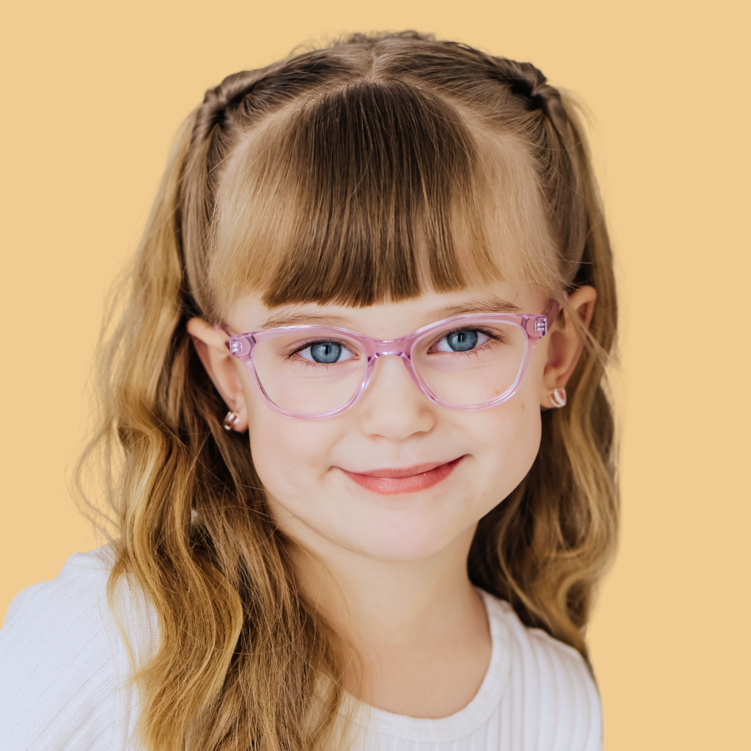 Girl wearing X-Small (44-14-122) / Lavender Crystal cat eye glasses 