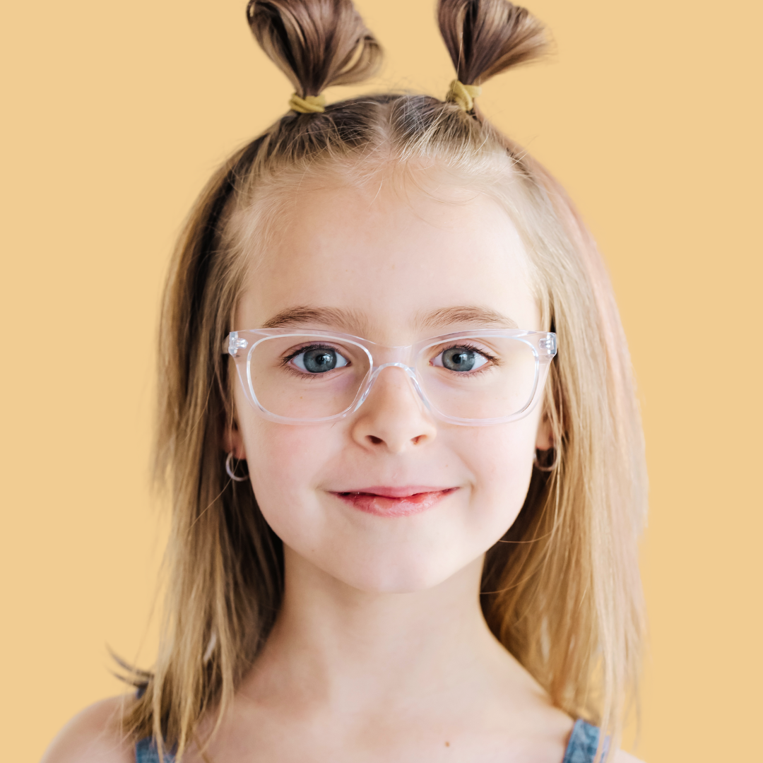 Girl wearing X-Small (41-16-122) / Clear rectangle glasses 