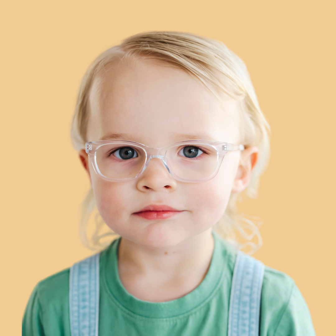 Boy wearing X-Small (42-14-122) / Clear rectangle glasses 