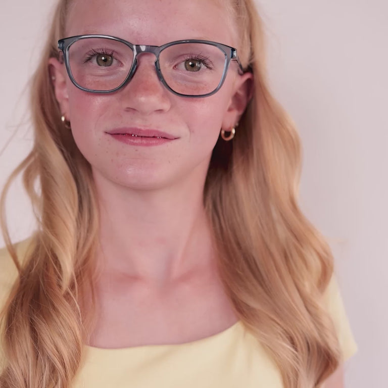 Girl wearing Large (49-17-135) / Blue Crush round glasses [color=Blue Crush] [ugc=Size Large (Age 13-17)] [child face]
