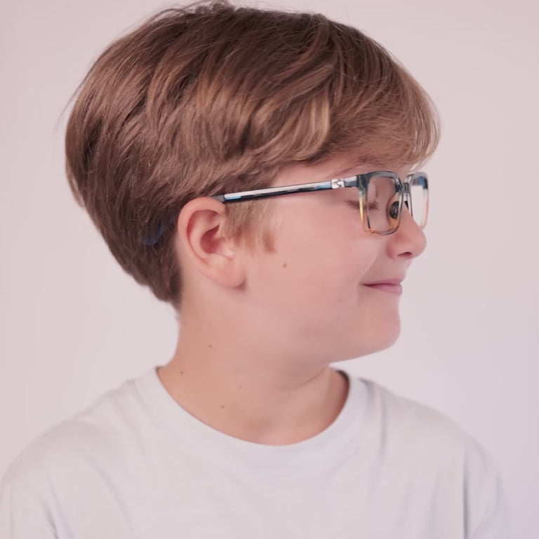 Boy wearing Medium (48-16-135) / Blue Tiger rectangle glasses [color=Blue Tiger] [ugc=Size Medium (Age 8-12)][child face]