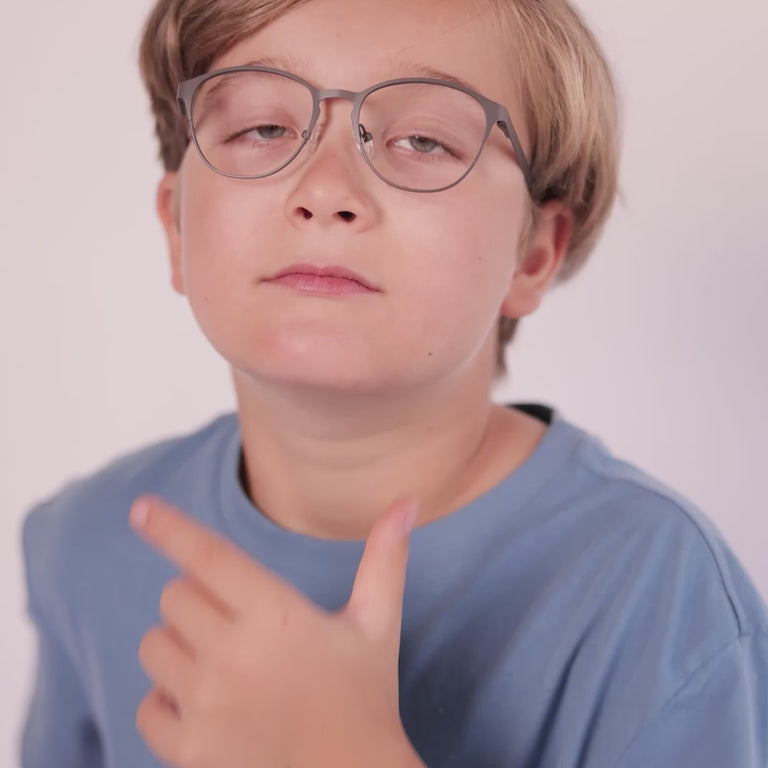 Boy wearing Medium (47-16-130) / Greystone round glasses [color=Greystone] [ugc=Size Medium (Age 8-12)] [child face]