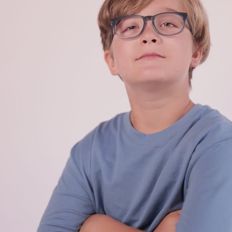 Boy wearing Small (44-15-125) / Sapphire round glasses [color=Sapphire] [ugc=Size Medium (Age 8-12)] [child face]
