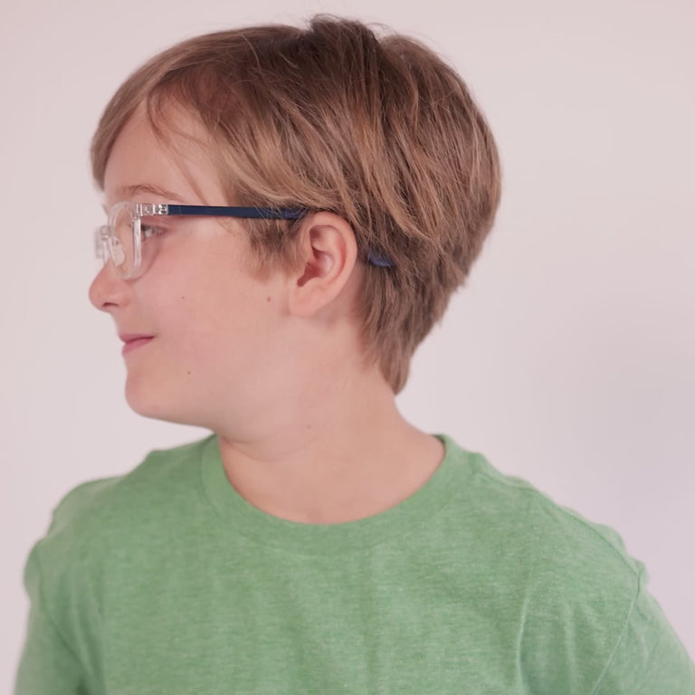 Boy wearing Medium (46-16-130) / Clear Wave round glasses [color=Clear Wave] [ugc=Size Medium (Age 8-12)] [child face]