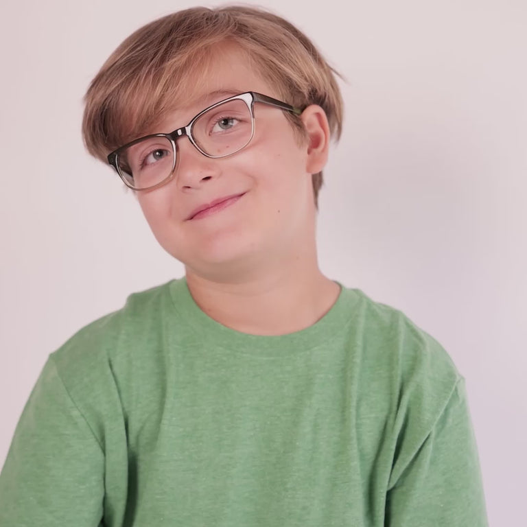 Boy wearing Medium (48-16-130) / Green Crystal Fade rectangle glasses [color=Green Crystal Fade] [ugc=Size Medium (Age 8-12)] [child face]