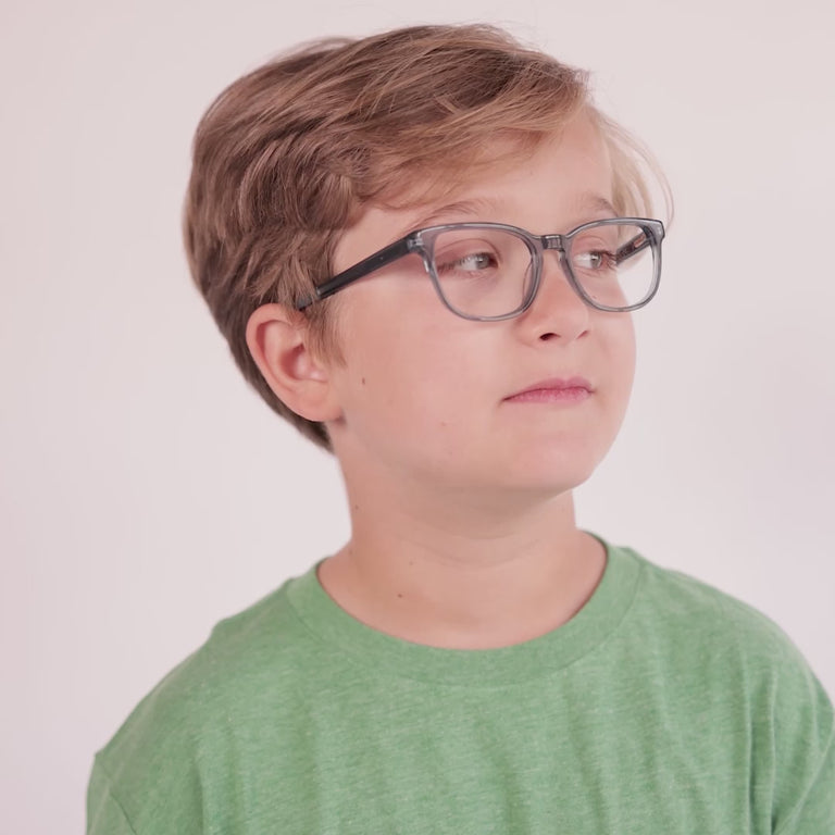 Boy wearing Medium (48-16-130) / Indigo Crystal rectangle glasses [color=Indigo Crystal] [ugc=Size Medium (Age 8-12)] [child face]