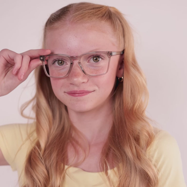 Girl wearing Large (50-17-135) / Grey Crystal rectangle glasses [color=Grey Crystal] [ugc=Size Large (Age 13-17)] [child face]