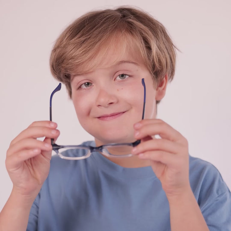Boy wearing Medium (47-15-130) / Sapphire Fade rectangle glasses [color=Sapphire Fade] [ugc=Size Medium (Age 8-12)] [child face]