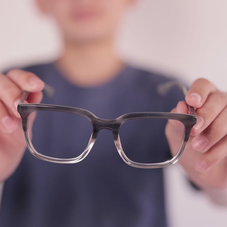 Boy wearing Large (50-17-140) / Grey Crystal Fade rectangle glasses [color=Grey Crystal Fade] [ugc=Size Large (Age 13-17)] [child face]