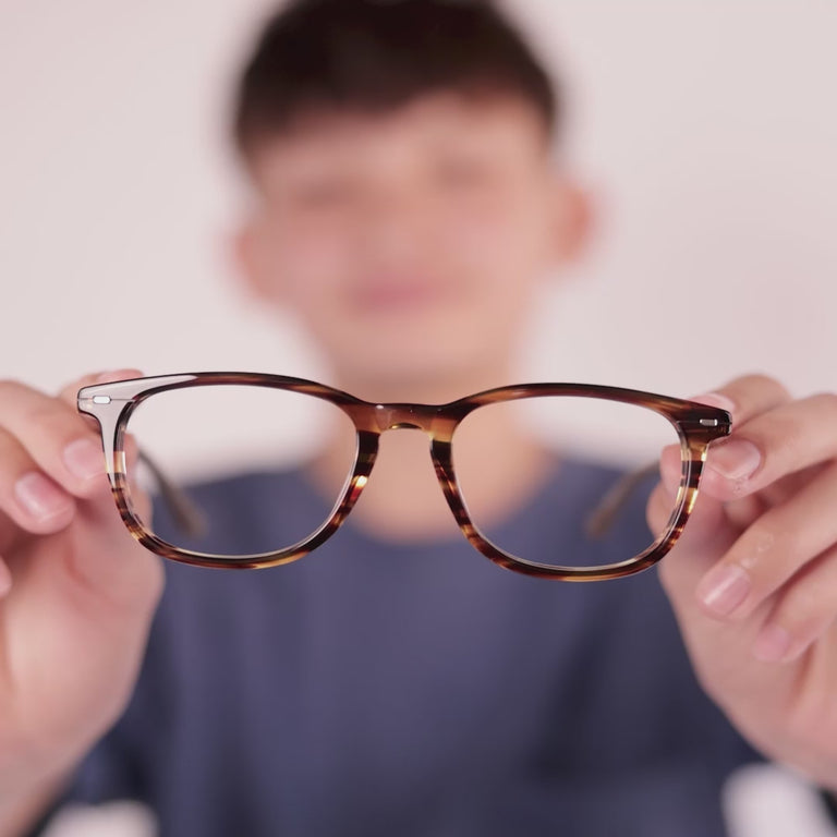Boy wearing Large (52-19-140) / Striped Maple round glasses [color=Striped Maple] [ugc=Size Large (Age 13-17)] [child face]