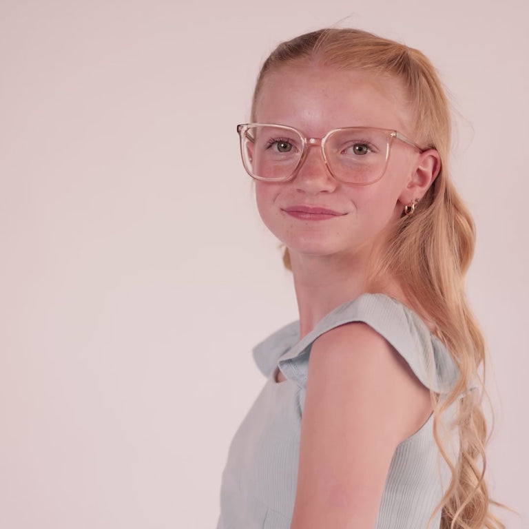 Girl wearing Wide (53-19-145) / Ginger Ale square glasses [color=Ginger Ale] [ugc=Size Wide (Age 13-17)][child face]