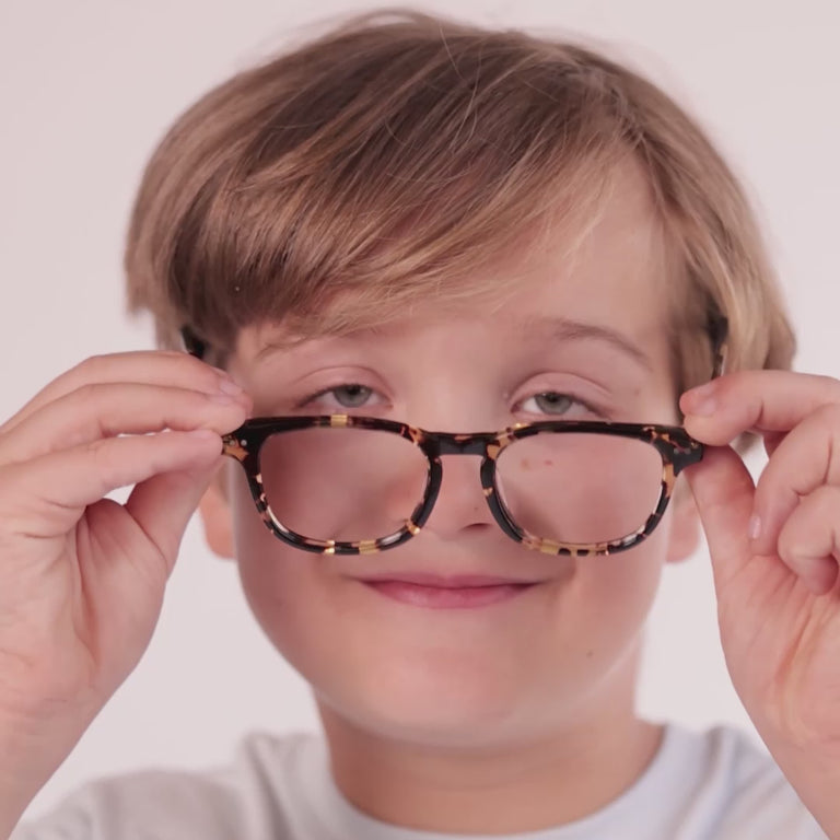 Boy wearing Medium (46-17-130) / Havana Tortoise square glasses [color=Havana Tortoise] [ugc=Size Medium (Age 8-12)] [child face]
