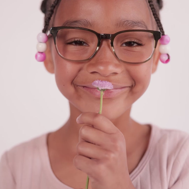 Girl wearing Medium (48-16-130) / Green Crystal Fade rectangle glasses [color=Green Crystal Fade] [ugc=Size Medium (Age 8-12)] [child face]