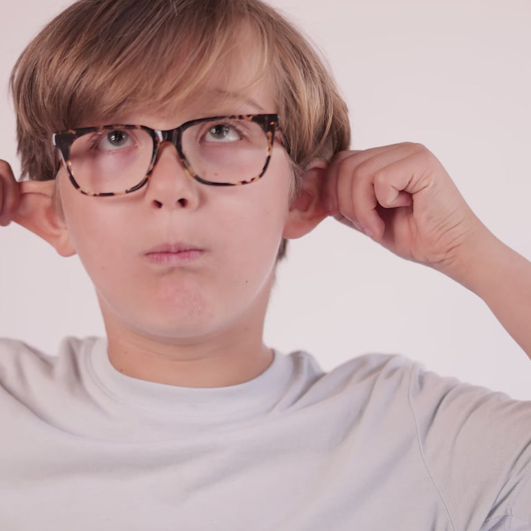 Boy wearing Small (45-15-125) / Havana Tortoise rectangle glasses [color=Havana Tortoise] [ugc=Size Medium (Age 8-12)] [child face]