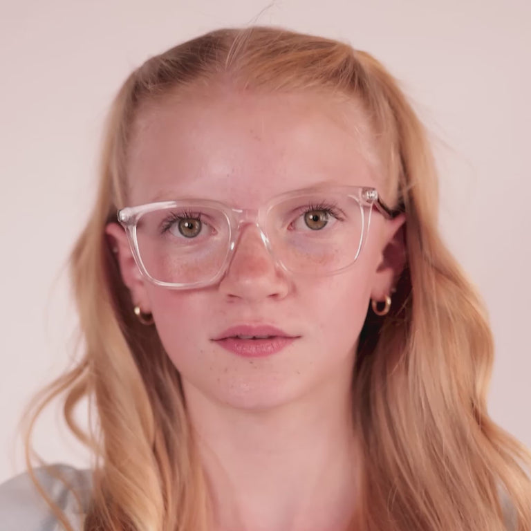 Girl wearing Large (50-17-140) / Clear Oak rectangle glasses [color=Clear Oak] [ugc=Size Large (Age 13-17)] [child face]