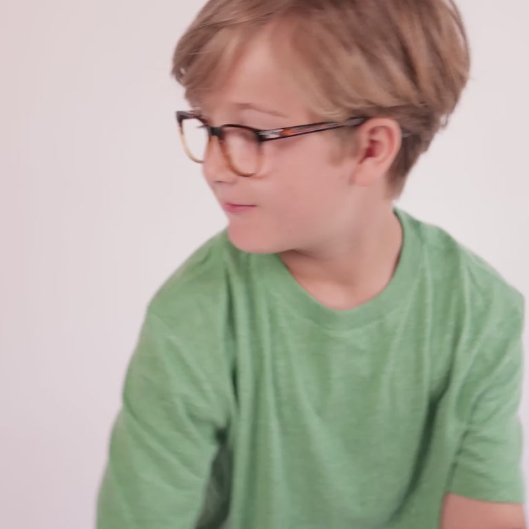 Boy wearing Medium (48-16-130) / Hazelnut Fade rectangle glasses [color=Hazelnut Fade] [ugc=Size Medium (Age 8-12)] [child face]