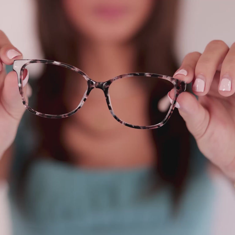 Girl wearing Large (52-15-140) / Rose Gold Tortoise cat eye glasses [variants=39279235792981] [color=Rose Gold Tortoise] [size=Large  (52-15-140)] [child face]